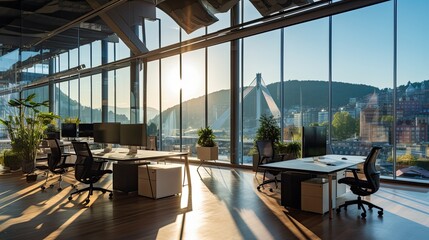 A modern office space with glass walls, ergonomic chairs, and panoramic city views, generative ai