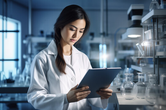 a chemistry lab woman with tablet in the laboratory with Generative AI