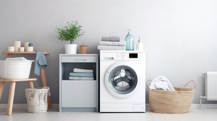 A sleek and modern washing machine and dryer set in a bright laundry room, generative ai