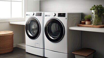 A sleek and modern washing machine and dryer set in a bright laundry room, generative ai