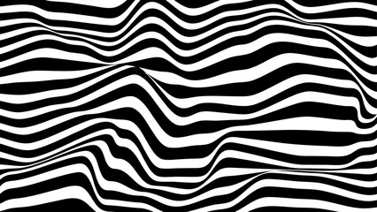  Black and white with wavy lines pattern. Abstract wave of white and black curved lines. Hallucination. Optical illusion. Twisted illustration. Futuristic background of lines. Dynamic wave. Vector.