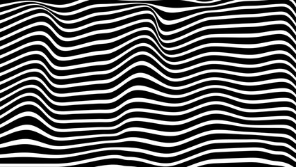  Black and white with wavy lines pattern. Abstract wave of white and black curved lines. Hallucination. Optical illusion. Twisted illustration. Futuristic background of lines. Dynamic wave. Vector.