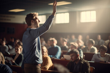 Fototapeta premium a male student raising hands at a lecture theatre with Generative AI