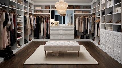 A spacious walk-in closet filled with designer clothing, shoes, and accessories, generative ai