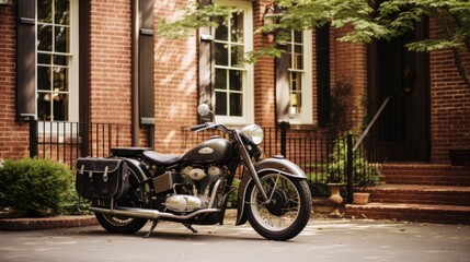 Fototapeta na wymiar A vintage motorcycle parked in front of a charming old brick house, generative ai