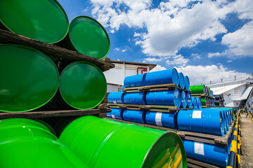 Barrels stock chemical products The metal barrels are blue. Chemistry. Manufacture of chemicals.