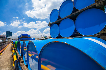 Barrels stock chemical products The metal barrels are blue. Chemistry. Manufacture of chemicals.