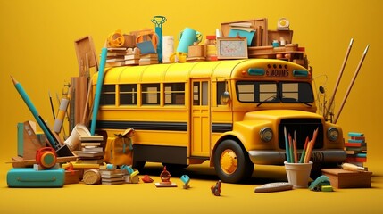 School supplies and equipment school bus 3D illustration, back to school, Ai Generative 
