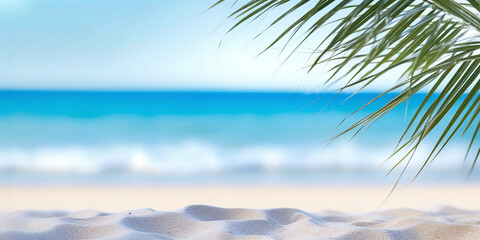 White sea sand with palm leaf on the beach background