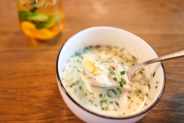 okroshka is a traditional dish of national Russian cuisine, vegetables with meat and kvass, cold soup.