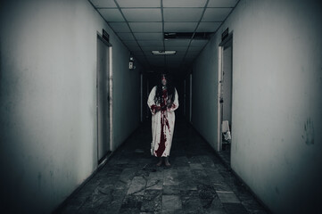 Portrait of asian woman make up ghost,Scary horror scene for background,Halloween festival...