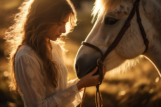 a young happy woman touching a horse with Generative AI