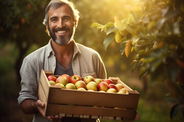 happy young country male farmer holding apple wooden box to carry in orchard with Generative AI