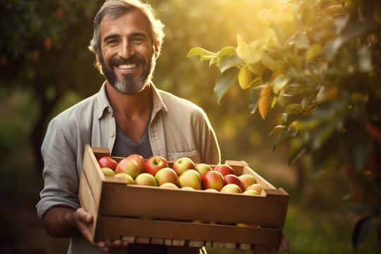 Happy Young Country Male Farmer Holding Apple Wooden Box To Carry In Orchard With Generative AI