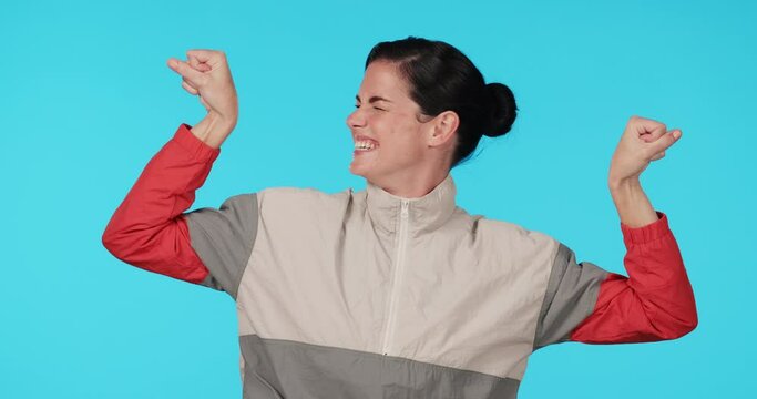 Fitness, arm or happy woman flex muscle building progress, strength exercise or gym results. Portrait, studio workout or excited athlete, person or bodybuilder smile for training on blue background