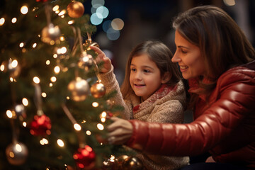 Obraz na płótnie Canvas a happy young girl and her mother decorating a christmas tree with a star with Generative AI