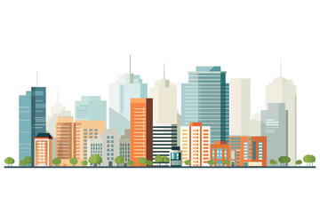 Cityscape with tall skyscrapers, buildings and green trees. Vector illustration.