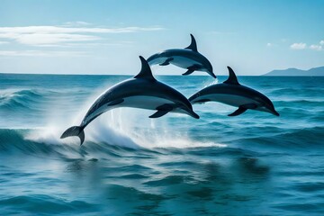 Obraz na płótnie Canvas A playful family of dolphins leaping gracefully through the ocean waves
