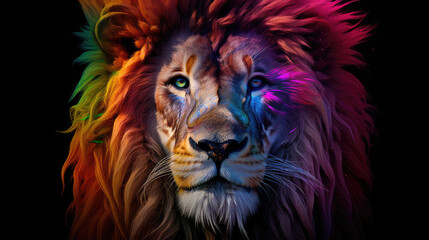 Fototapeta premium Lion portrait with colourfull fur on black background