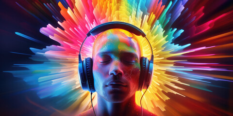Media streaming concept, a person''s head donned in headphones is shown against a vibrant, colourful screen, symbolizing immersion in multimedia conten