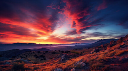Fototapeta na wymiar Dramatic sky over mountains at dusk in Kazakhstan