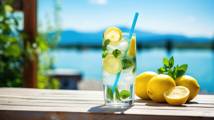 Summer refreshing cold summer lemonade drink or alcoholic cocktail with ice, rosemary and lemon slices on the table in the garden. Fresh healthy cold lemon beverage. Water with lemon