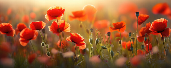 Poppy field. Remembrance day concept, middle of the day 