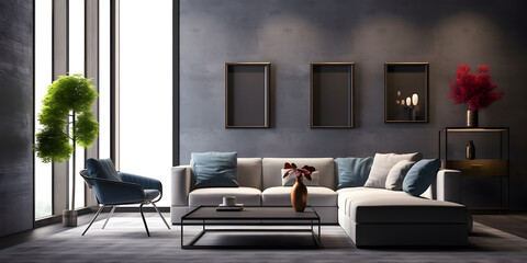Interior home design. Minimalistic living room decoration. AI generated.