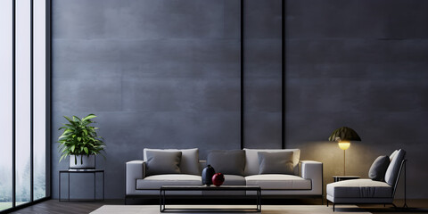 Interior home design. Minimalistic living room decoration. AI generated.