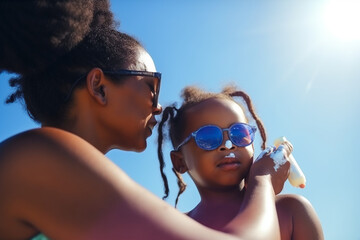 African american mother and daughter in sunglasses holding ice cream on sunny day, Generative AI