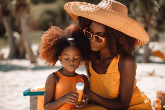 Beautiful African American Mother And Daughter Applying Sun Protection Cream On Beach, Generative AI