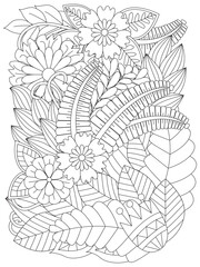 Black and white flower pattern for coloring. Doodle floral drawing.  For adults and kids. Floral pattern for coloring book. Vector doodle flowers in black and white.