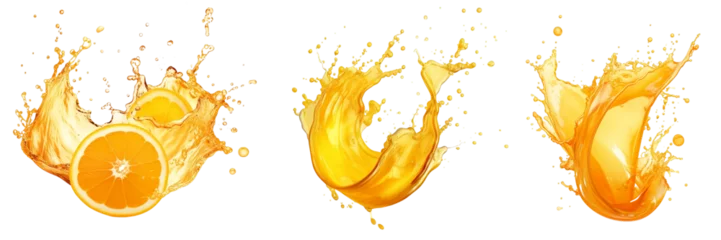 Fotobehang Orange juice splash isolated on transparent background, fruit juice crown splashes wave swirls drops, Shiny yellow liquid splashing fluids droplets, fresh drink, clear beverage, generative ai © niloo