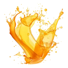 Foto auf Acrylglas Orange juice splash isolated on transparent background, fruit juice crown splash wave swirl with drops, Shiny yellow liquid splashing fluids droplets, design element fresh clear beverage,generative ai © niloo