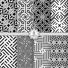 A set of vector seamless patterns. Modern geometric textures. Monochrome.