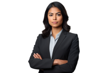 A businesswoman stands confidently against a stark white transparent backdrop.  Generative AI