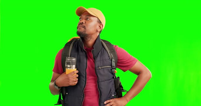 Confused, lost and travel with black man on green screen for hiking, backpacking and location. Search, frustrated and direction with person on studio background for adventure, vacation and navigation