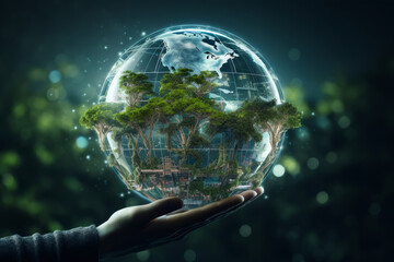 Earth crystal glass globe ball and growing tree in human hand - obrazy, fototapety, plakaty
