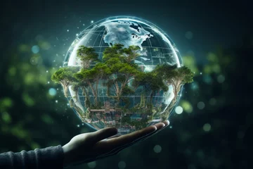 Fotobehang Tuin Earth crystal glass globe ball and growing tree in human hand