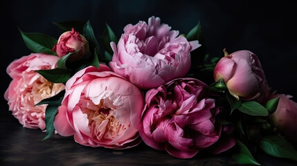 Bunch of pink peonies and roses. Generative Ai