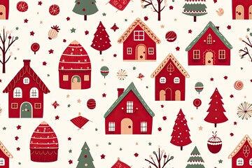 Naklejka premium Seamless Christmas background with red houses, trees, small details, on white