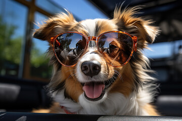 Adorable and cute smiling dog pet on vacation wearing sunglasses