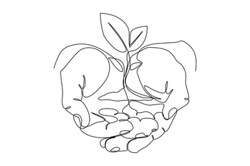 continuous line vector illustration of a hand holding a plant