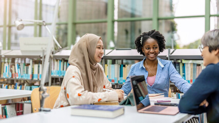 Group of diverse students in a library