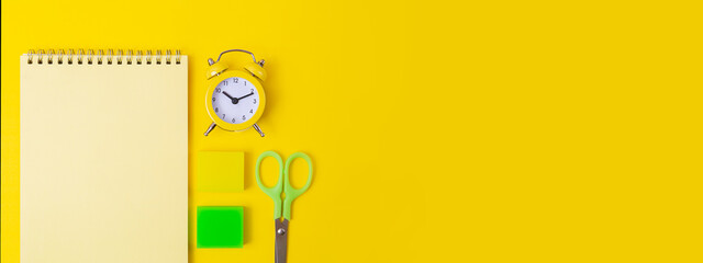 Flat lay making from stationery,back to school concept.Large banner with negative space.