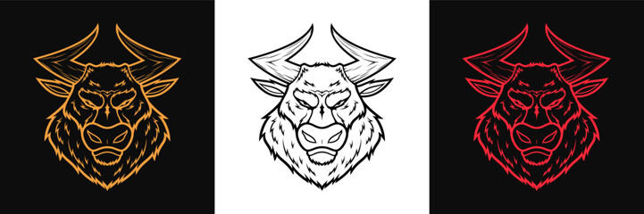 Outline bull logo set in golden, black and red colors. Vintage bull mascot, vector illustration. Buffalo head silhouette, angry bull and minotaur. Ox logotype, emblem for print and apparel design