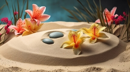 Obraz na płótnie Canvas sand, lily and spa stones in zen garden. Generative Ai