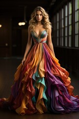 Beautiful woman in a rainbow colored dress.