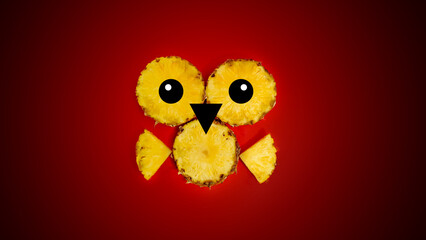 Creative summer layout made of pineapple slices in owl shape against vibrant red background. Original pineapple decoration. Minimal summer concept. Pineapple owl, fruit art.