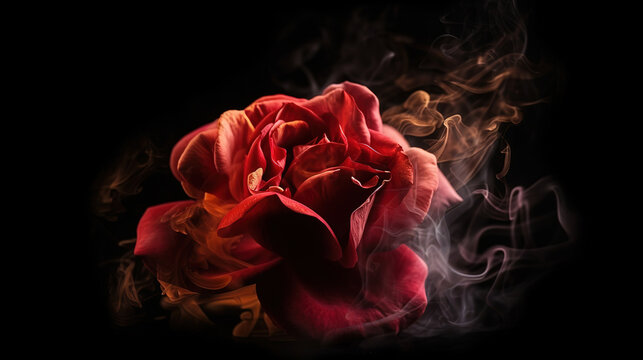 rose wrapped in red smoke swirl on black background. Generative Ai
